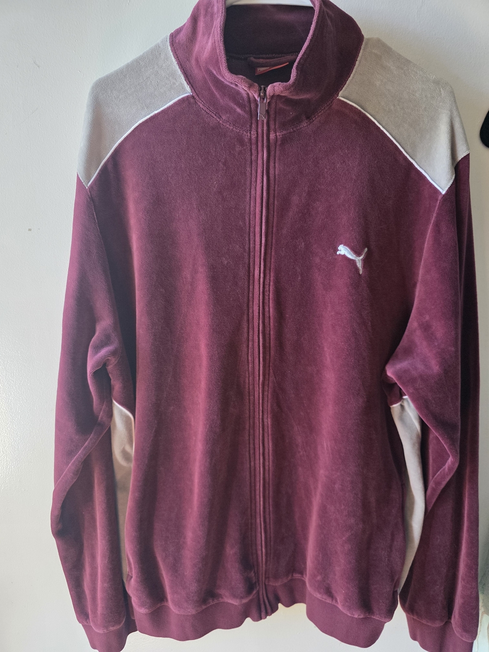 Puma Velour Track Jacket Mens Large Burgundy Full Zip Y2K Retro Embroidered Logo